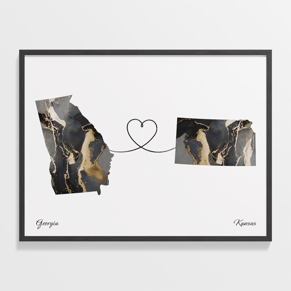 Georgia to Kansas Black Marble State Map Long Distance Love Poster