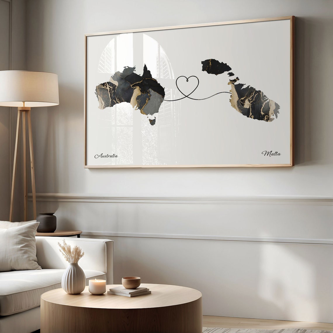 Australia Malta Long Distance Love Heart Marble Map Gift Poster - Image 2
