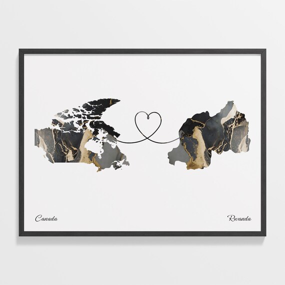 Canada To Rwanda Marble Heart Map Two Country Long Distance Gift Poster