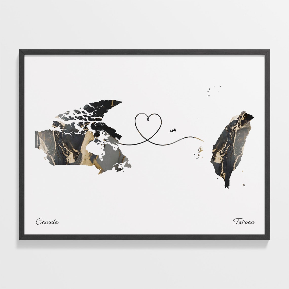 Canada To Taiwan Black Gold Marble Long Distance Heart Map Poster