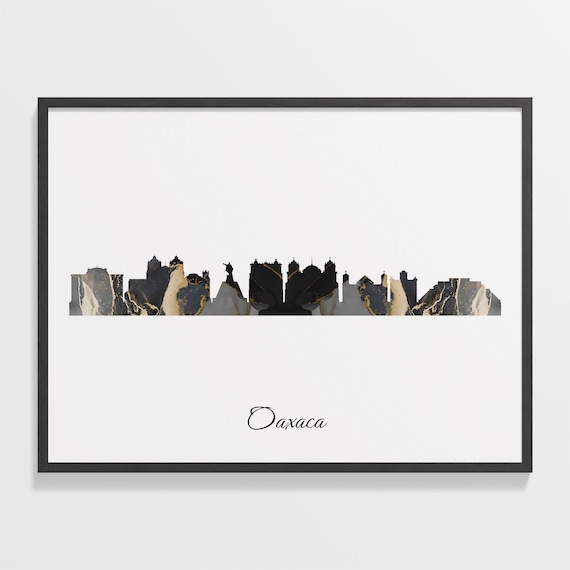 Oaxaca Mexico Black Gold Marble Skyline Silhouette Art Poster