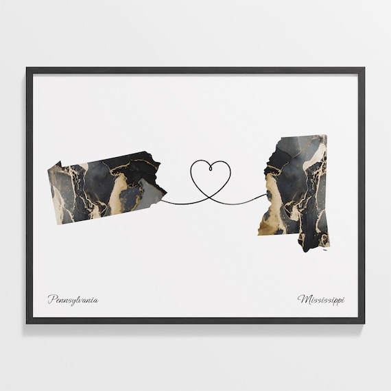 Pennsylvania to Mississippi Black Gold Marble Map Heart Connection Poster