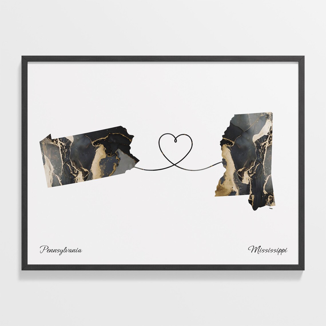 Pennsylvania to Mississippi Black Gold Marble Map Heart Connection Poster