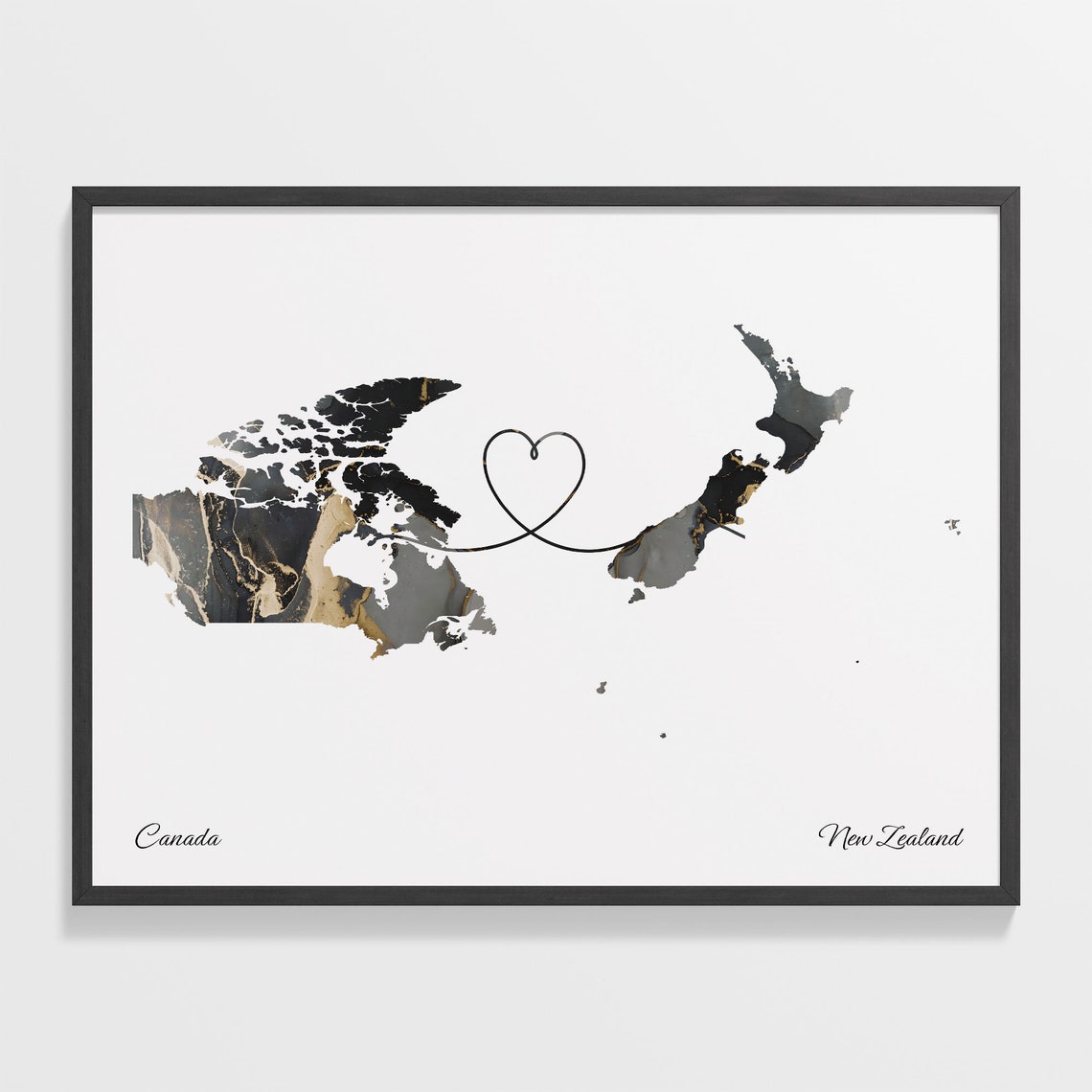 Canada New Zealand Long Distance Marble Map Heart Print Gift