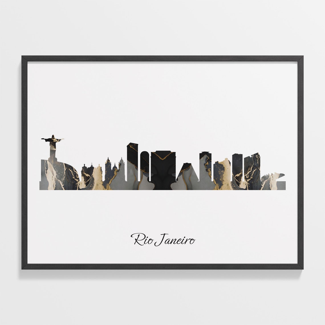 Rio Janeiro Skyline Marble Cityscape Black and Gold Travel Poster