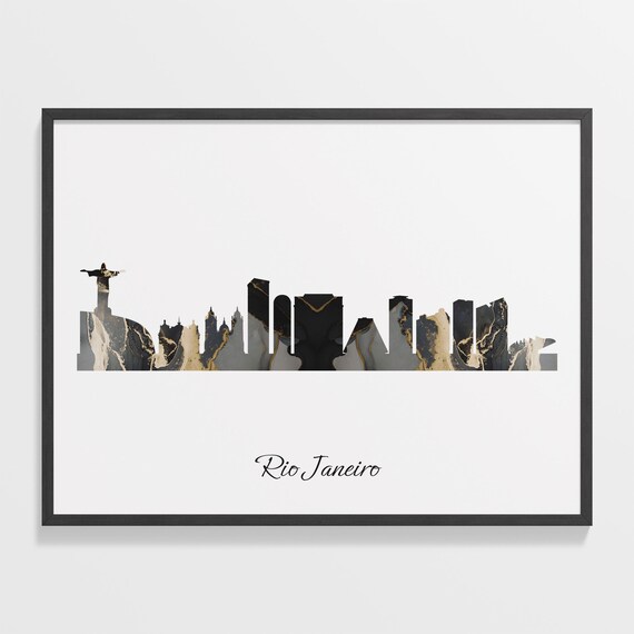 Rio Janeiro Skyline Marble Cityscape Black and Gold Travel Poster