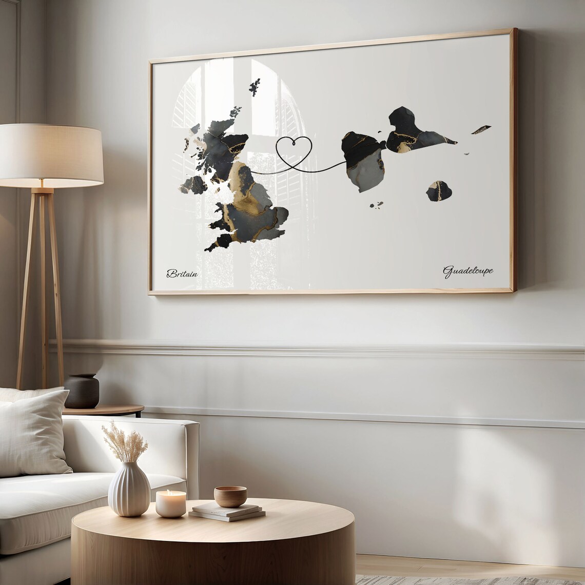 Britain to Guadeloupe Marble Heart Map Poster Gift for Long Distance Love - Image 2