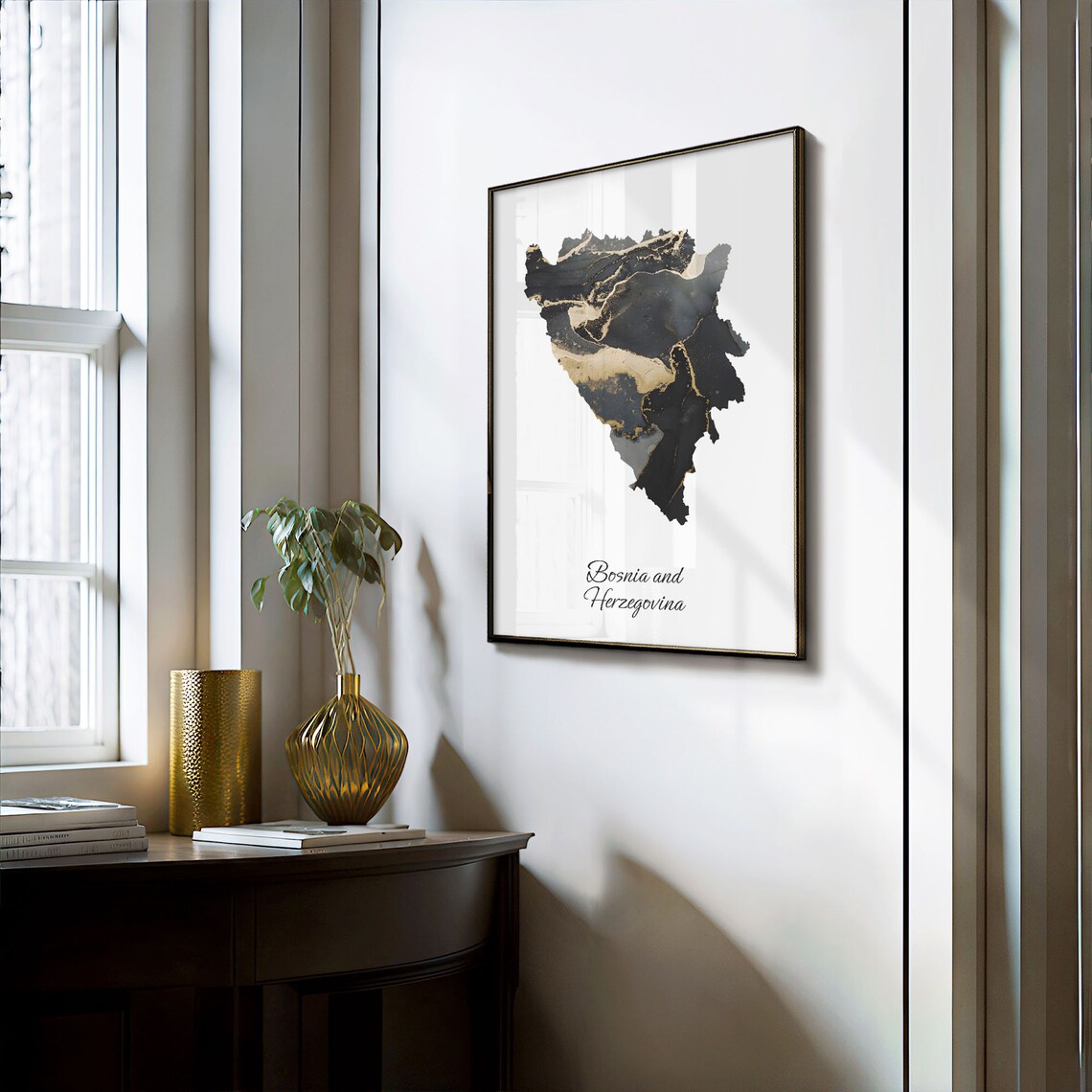 Bosnia And Herzegovina Marble Country Map Poster Black Gold Decor - Image 3