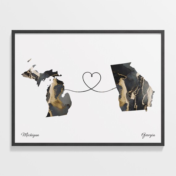 Michigan to Georgia Heart Connection Marble Map Keepsake Poster