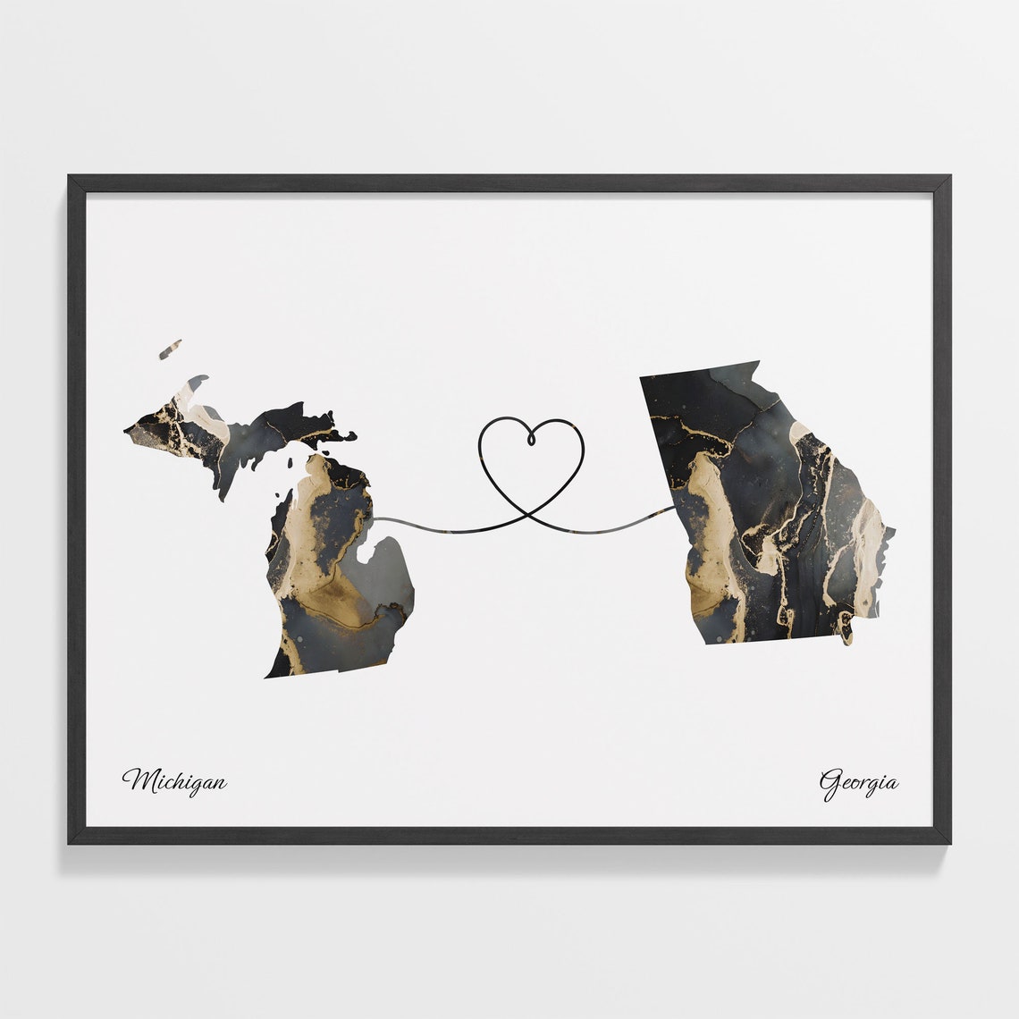 Michigan to Georgia Heart Connection Marble Map Keepsake Poster