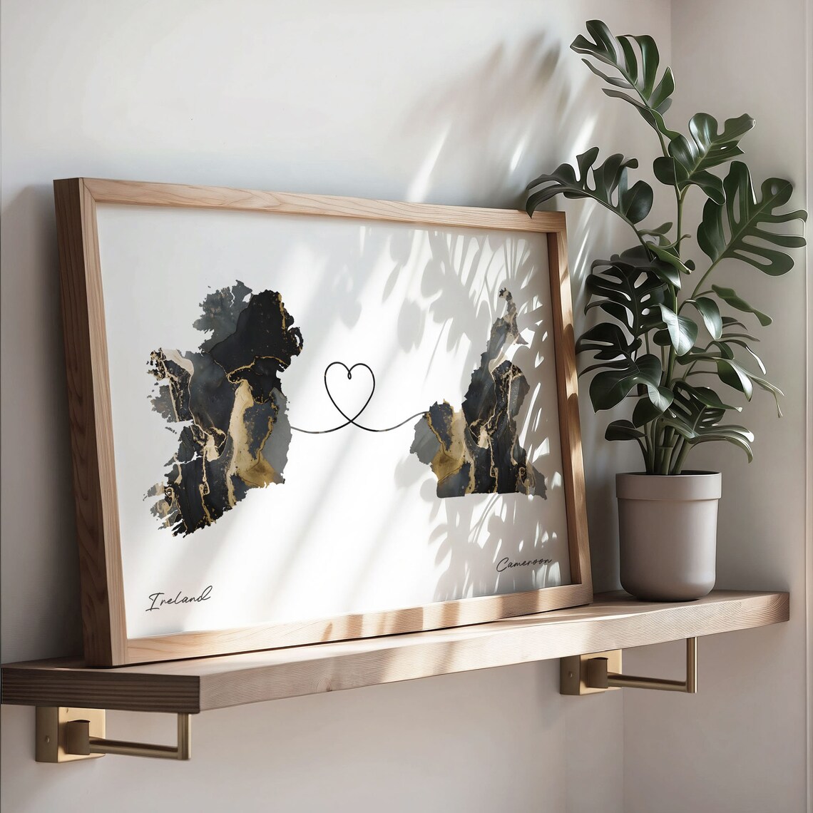 Ireland to Cameroon Heart Line Two Countries Black Gold Marble Poster - Image 3