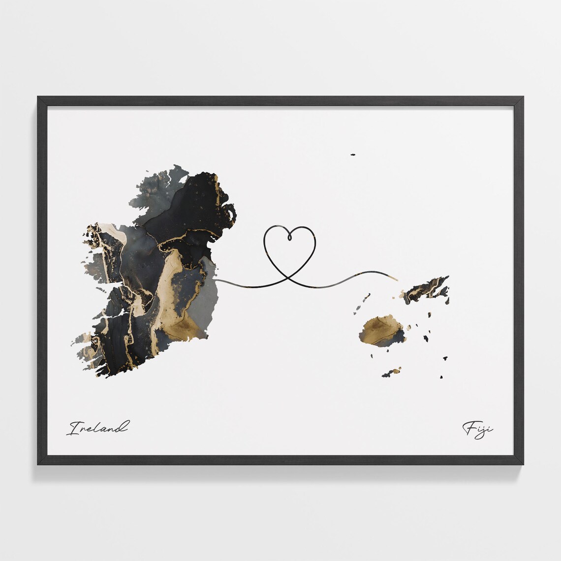 Ireland To Fiji Heart Connected Black Marble Country Map Poster