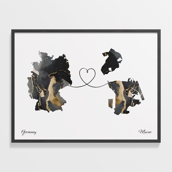 Germany and Macao Two Countries Black Gold Marble Map Poster