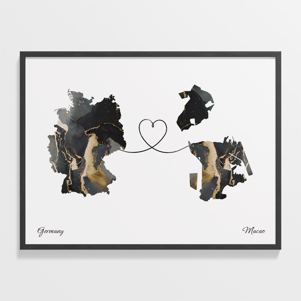 Germany and Macao Two Countries Black Gold Marble Map Poster