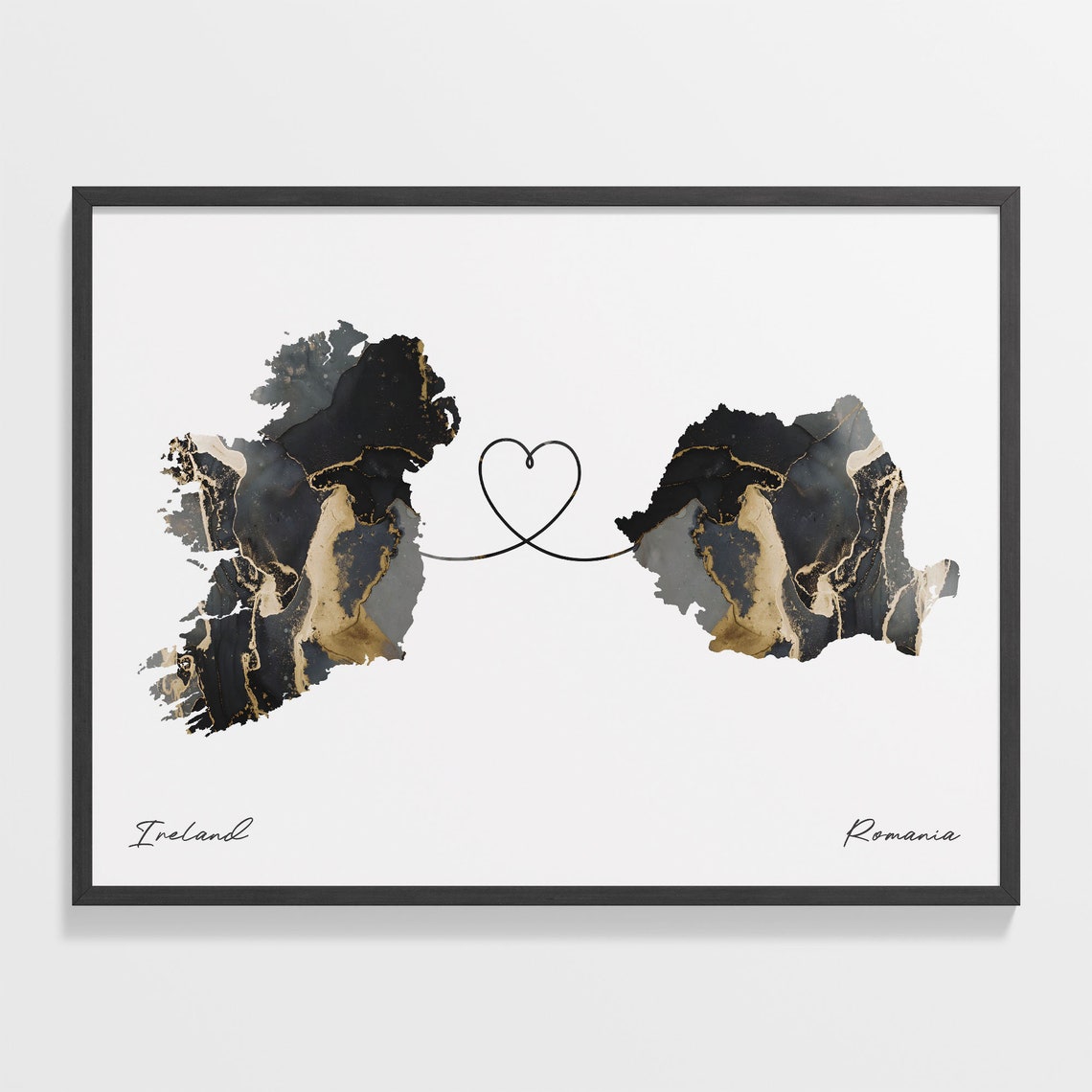 Ireland and Romania Black and Gold Marble Two Countries Map Poster