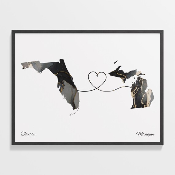 Florida Michigan Marble State Map Poster Long Distance Couples Gift