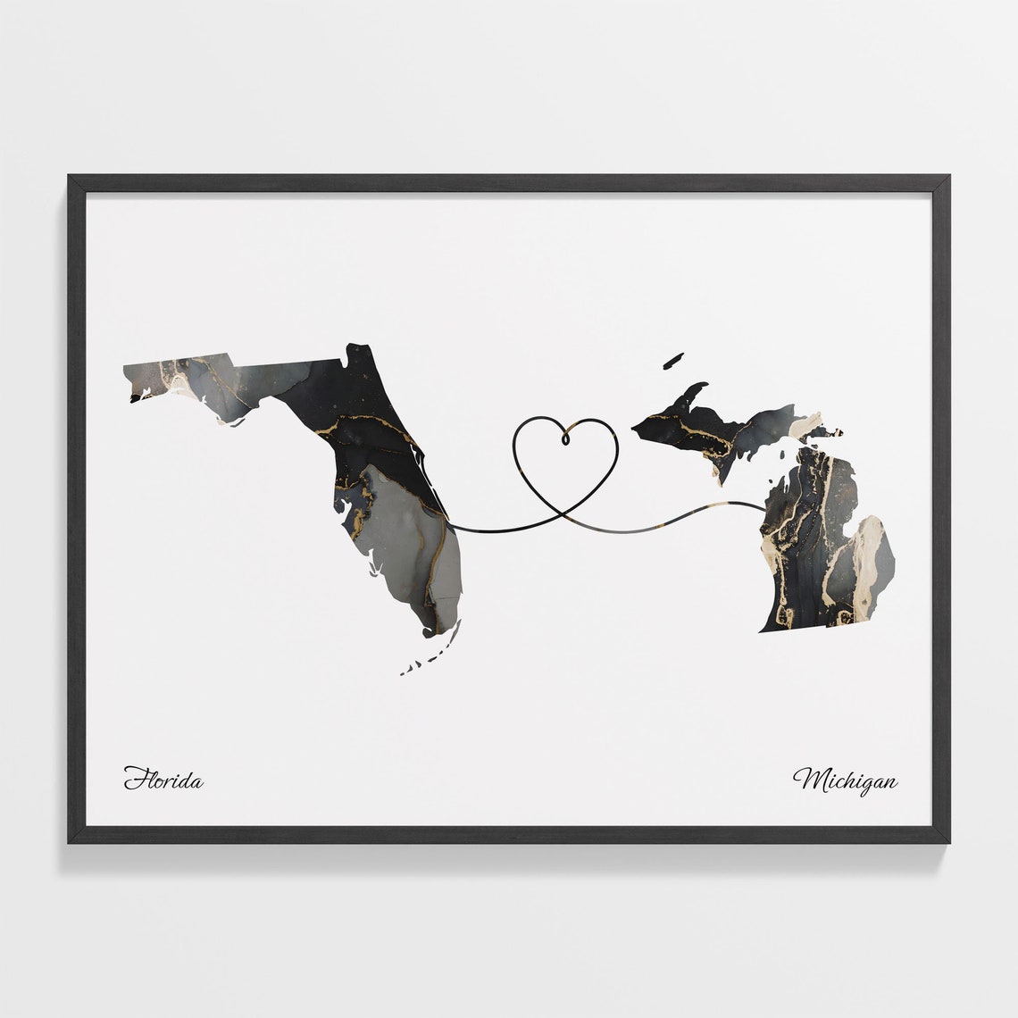 Florida Michigan Marble State Map Poster Long Distance Couples Gift