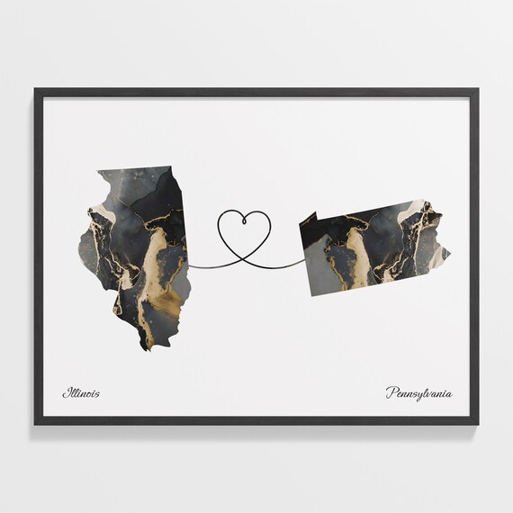 Illinois to Pennsylvania Marble State Map Heart Love Gift Poster