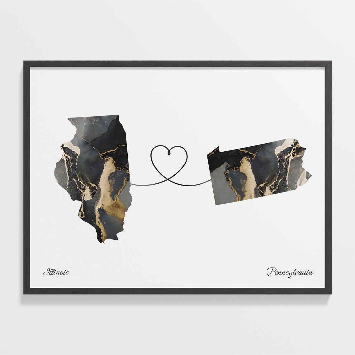Illinois to Pennsylvania Marble State Map Heart Love Gift Poster