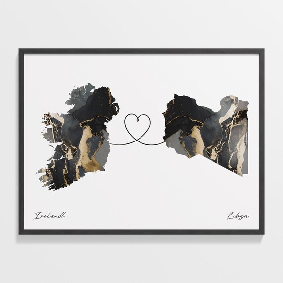 Ireland To Libya Modern Marble Effect Two Country Heart Map Poster