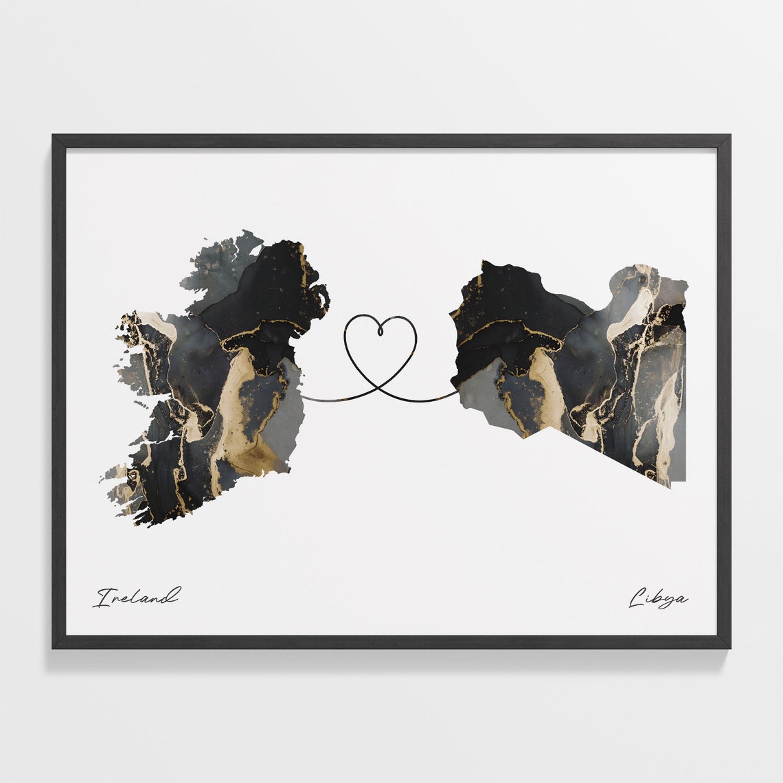 Ireland To Libya Modern Marble Effect Two Country Heart Map Poster