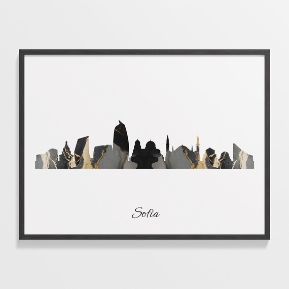 Sofia Bulgaria Black Gold Marble Skyline Silhouette City Print