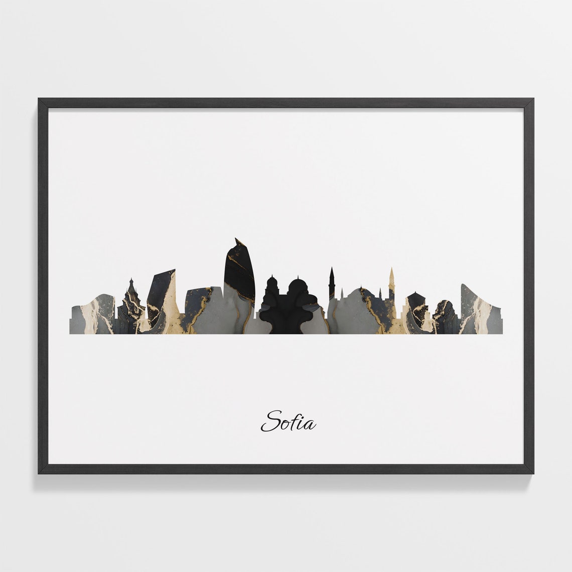 Sofia Bulgaria Black Gold Marble Skyline Silhouette City Print