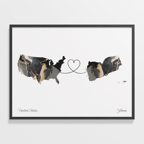 United States to Yemen Marble Heart Map Print Long Distance Relationship Gift