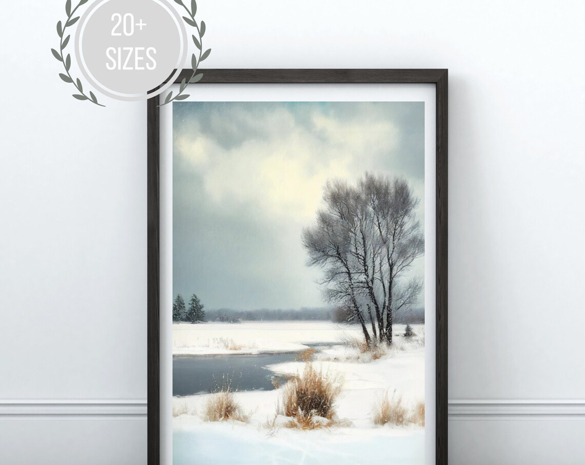 Frozen Pond Winter Landscape Bare Trees Impressionist Nature Painting Poster - Image 3