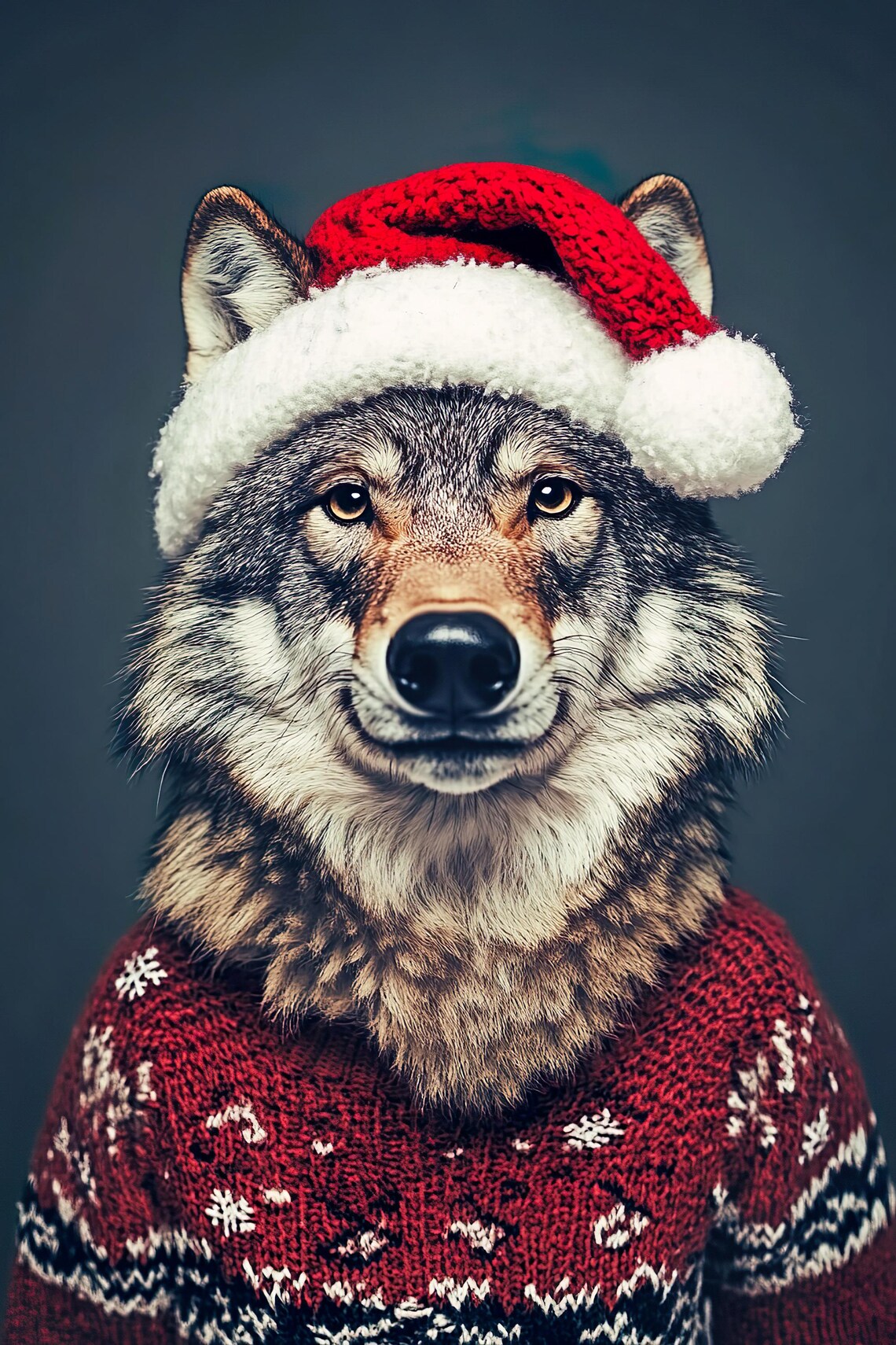 Wolf in Santa Hat and Red Snowflake Sweater Christmas Winter Wildlife Poster - Image 2