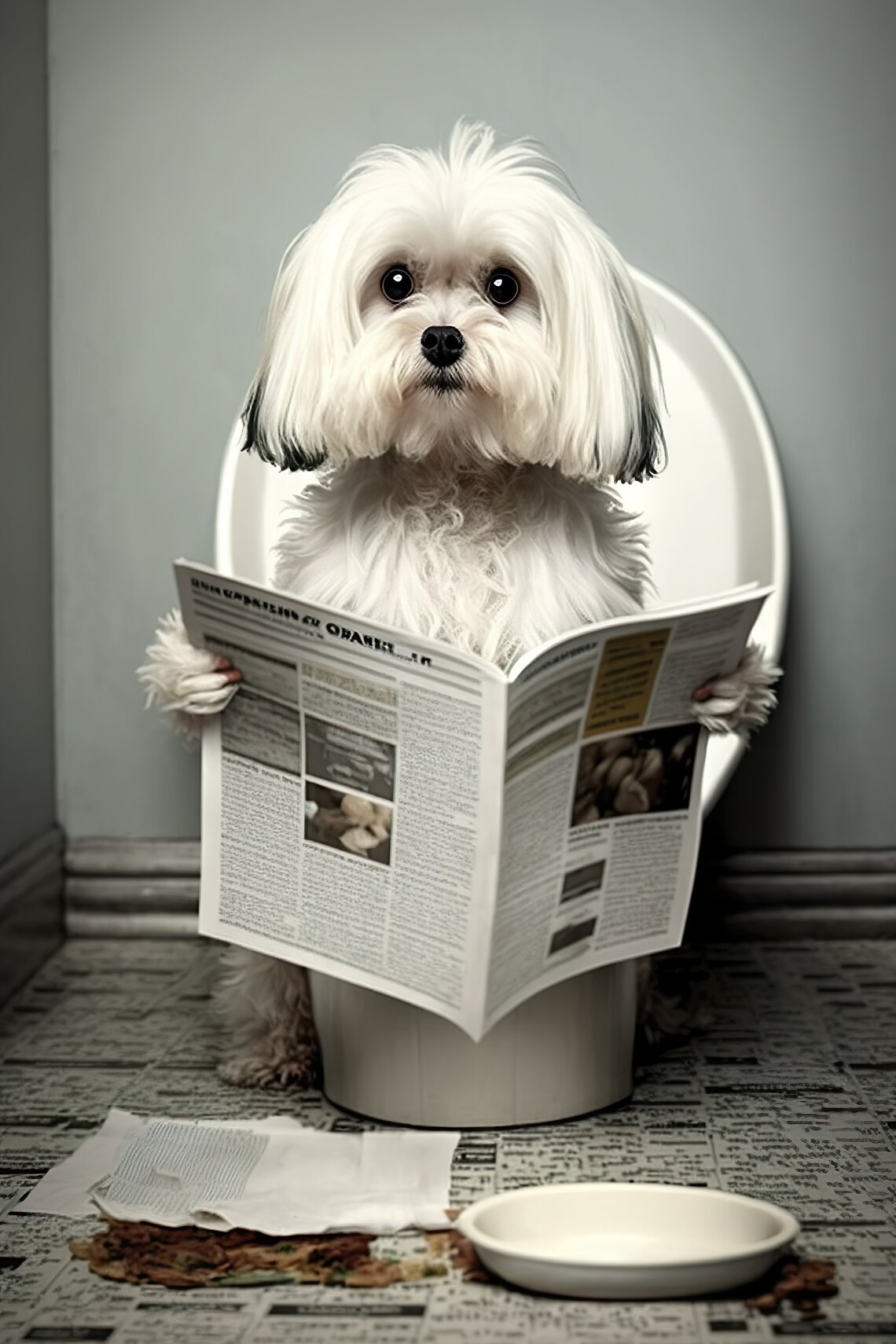 Maltese Dog Bathroom Humor Art Print, Funny Dog Photo