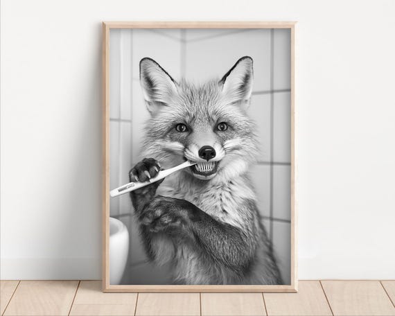 Fox Brushing Teeth Funny Bathroom Wall Art Bathroom Art Vintage Style Animal Photo Cute Fox Humor Print Ai Art