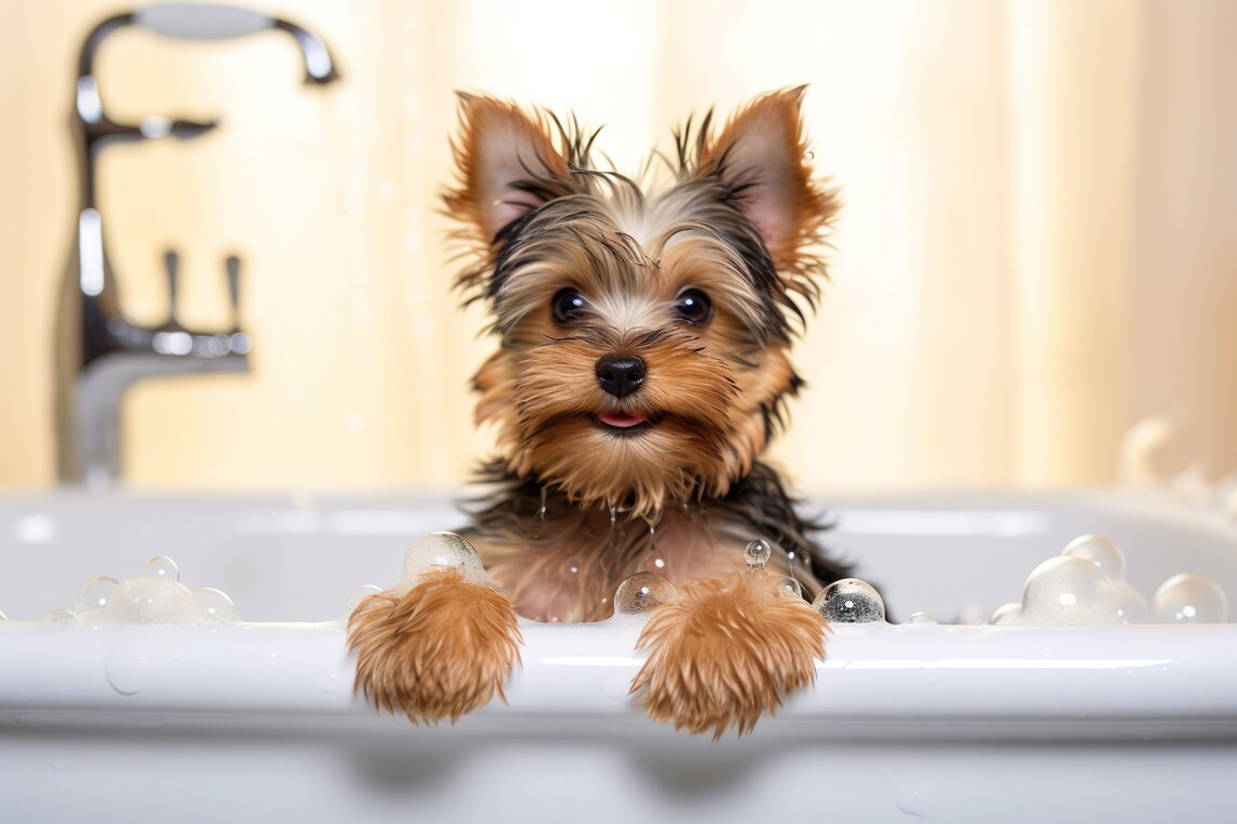 Yorkshire Terrier Pup in the Bathtub, Bathroom Art Print