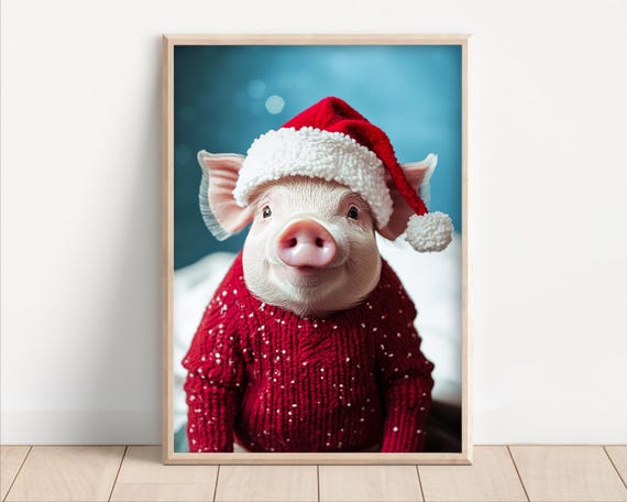 Cute Christmas Pig Funny Christmas Wall Art Retro Winter Animals Christmas Home Decor Funny Pig Photo Print Ai Art