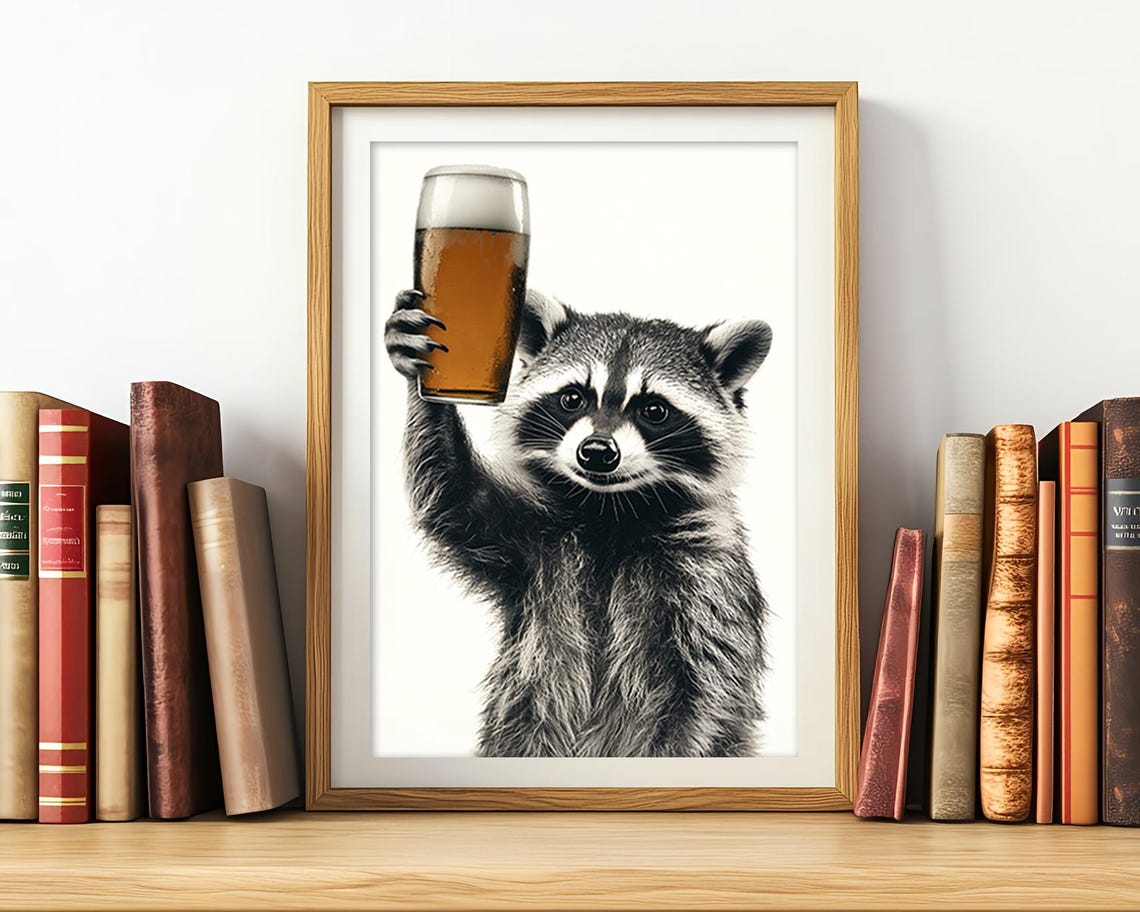 Raccoon Drinking Beer Funny Animal Bar Decor Black And White Poster - Image 2