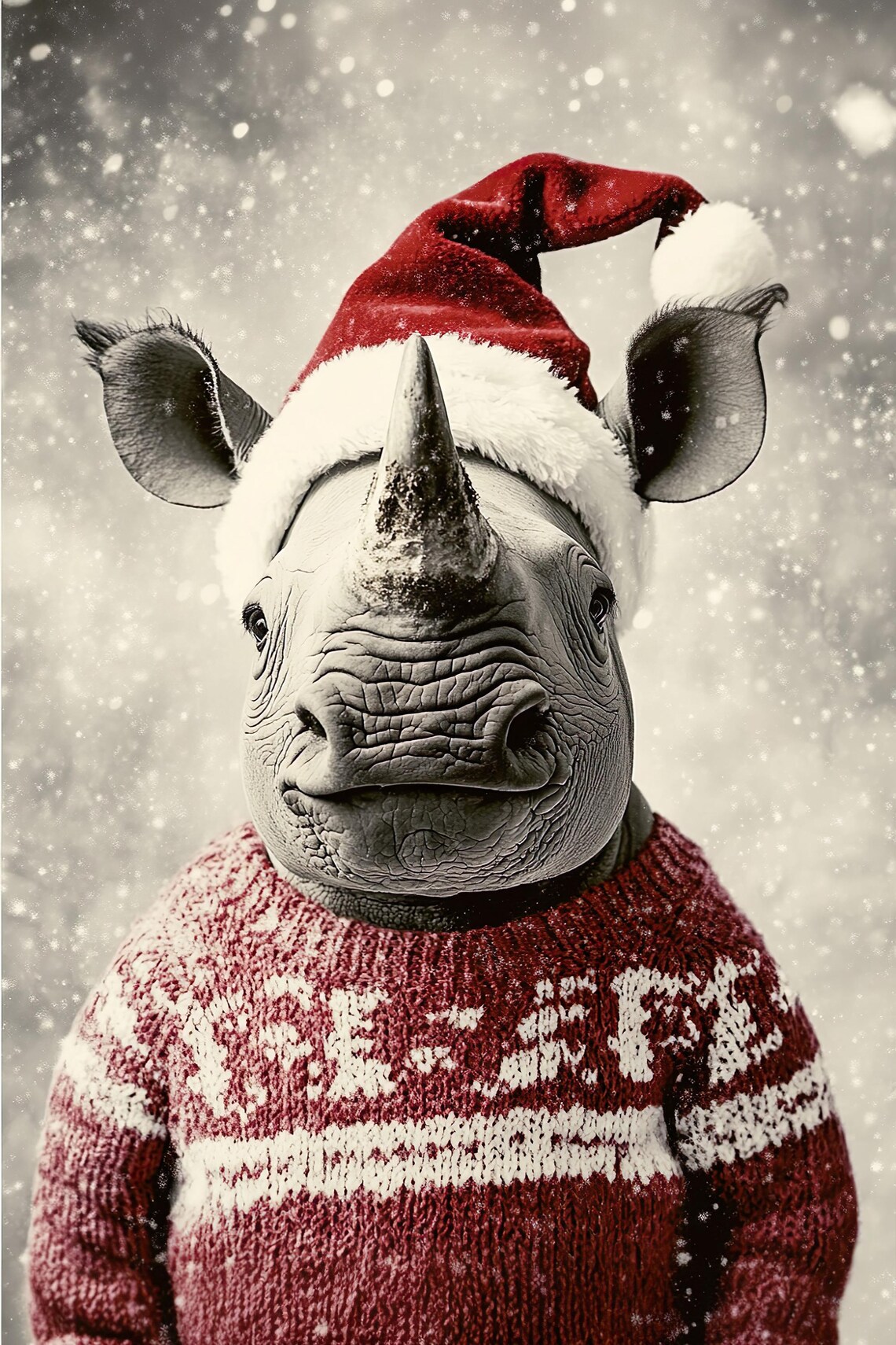 Baby Rhino in Santa Hat and Red Sweater Snowy Christmas Winter Animal Poster - Image 2