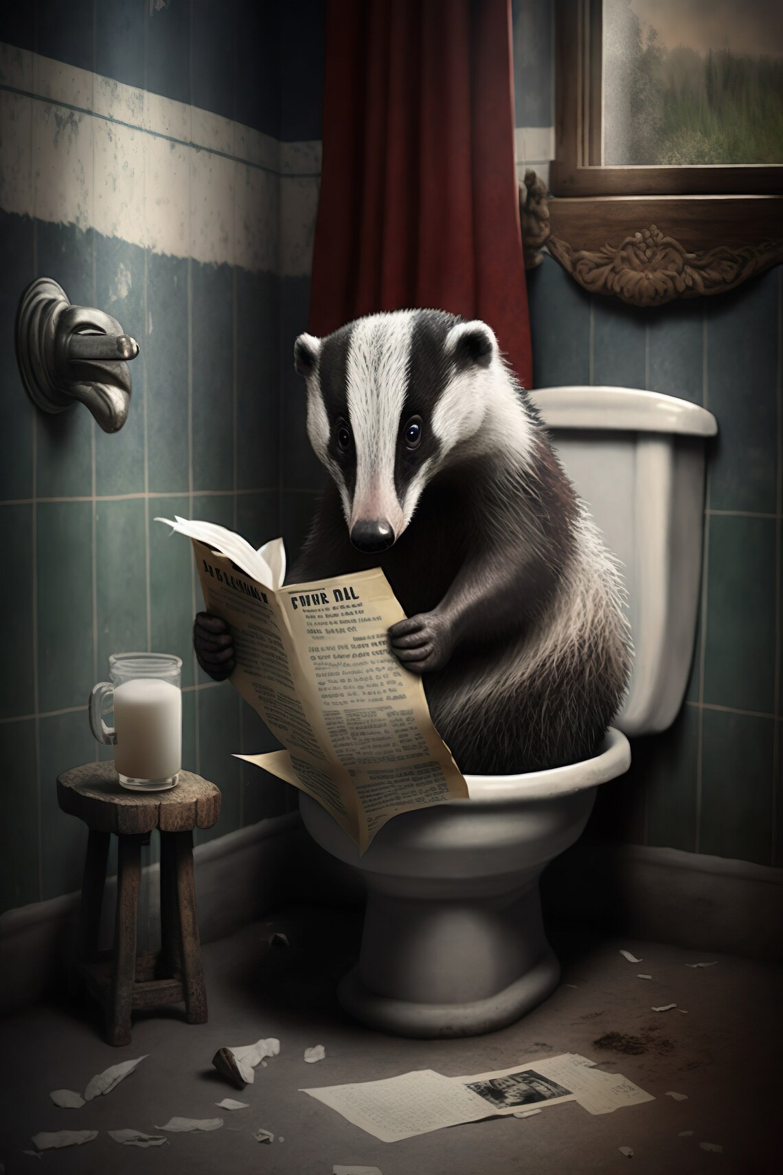 Badger Reading Newspaper Bathroom Humor Art Print