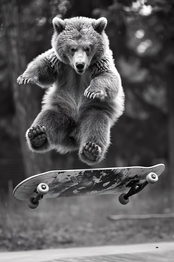 Bear Skateboarding Funny Animal Wall Art Bear On Skateboard Print Funny Vintage Bear Photo Black White Photography Ai Art