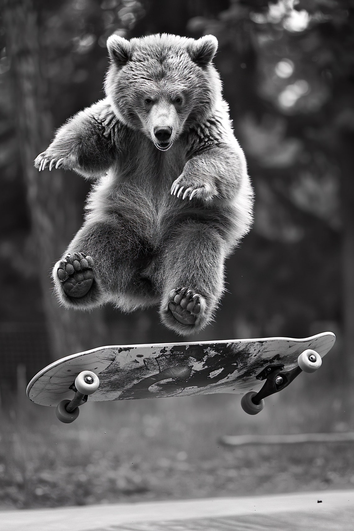 Funny Bear Cub Skateboard Kickflip Black And White Photo Print