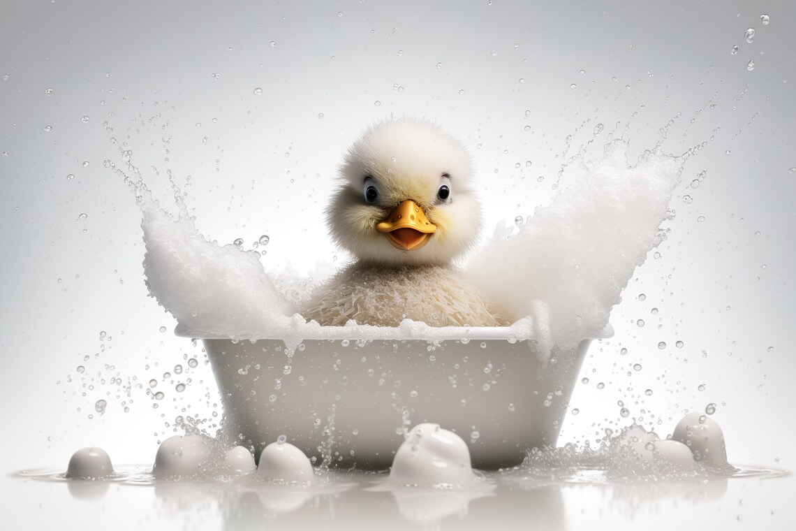Baby Duckling Splashing in Bubble Bath Cute Duck Photography Print
