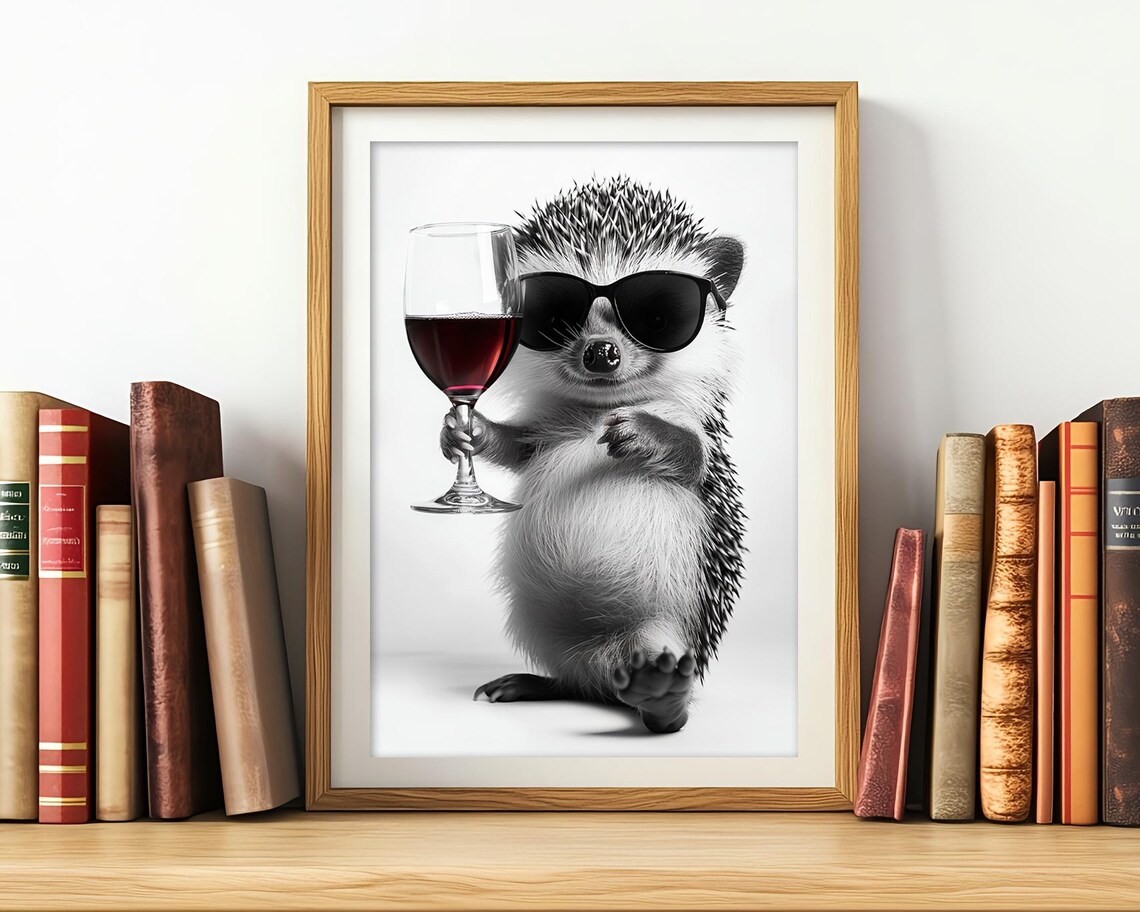 Hedgehog Drinking Red Wine Funny Kitchen Art Print - Image 3