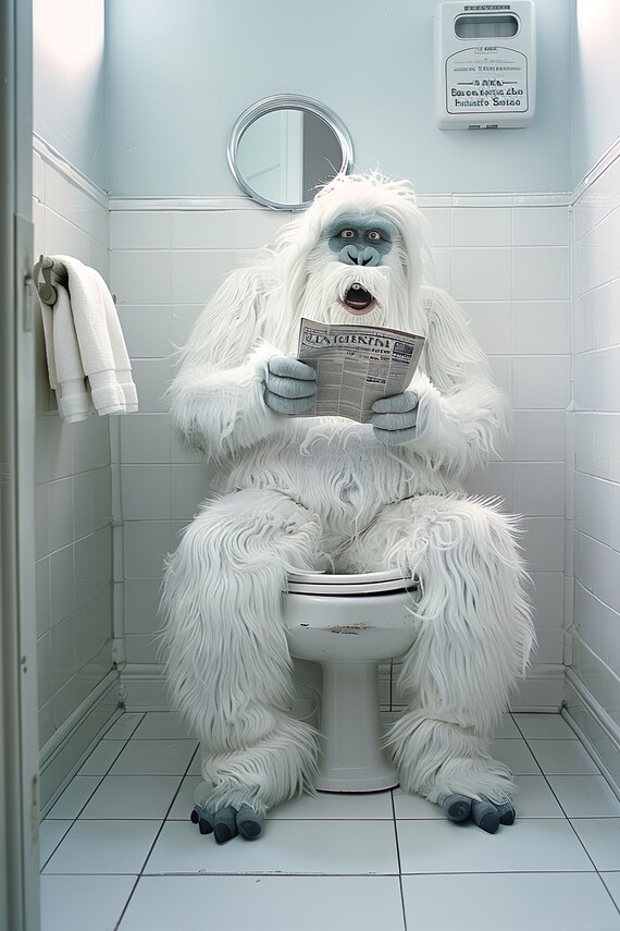 White Yeti Reading Newspaper on the Toilet Funny Bathroom Wall Art