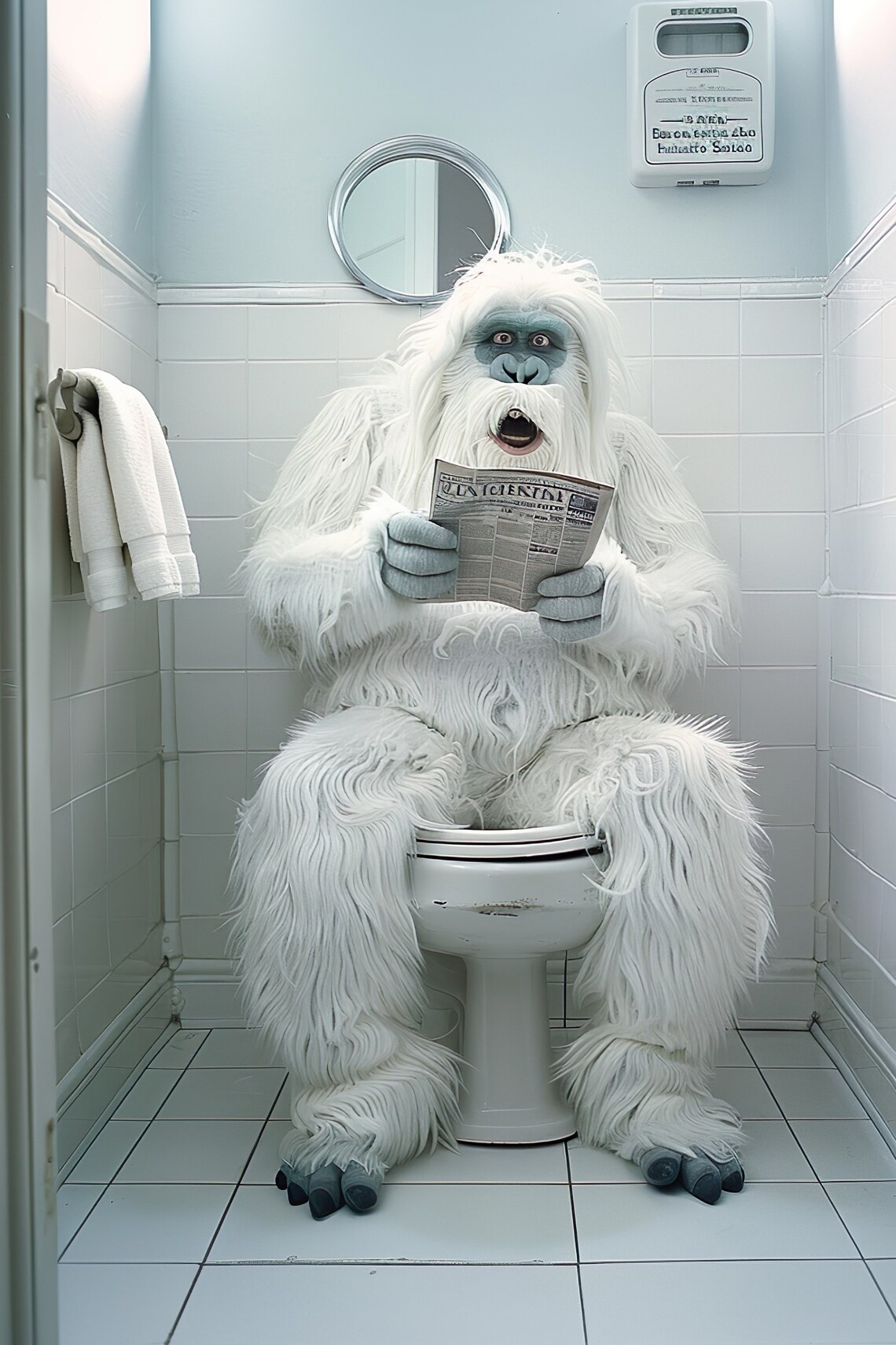 White Yeti Reading Newspaper on the Toilet Funny Bathroom Wall Art