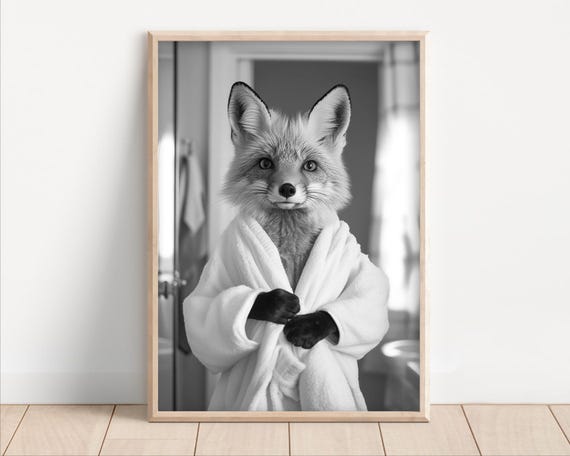 Fox In A Bathrobe Funny Bathroom Wall Art Funny Retro Vintage Style Animal Photo Cute Fox Wall Art Print Wall Art