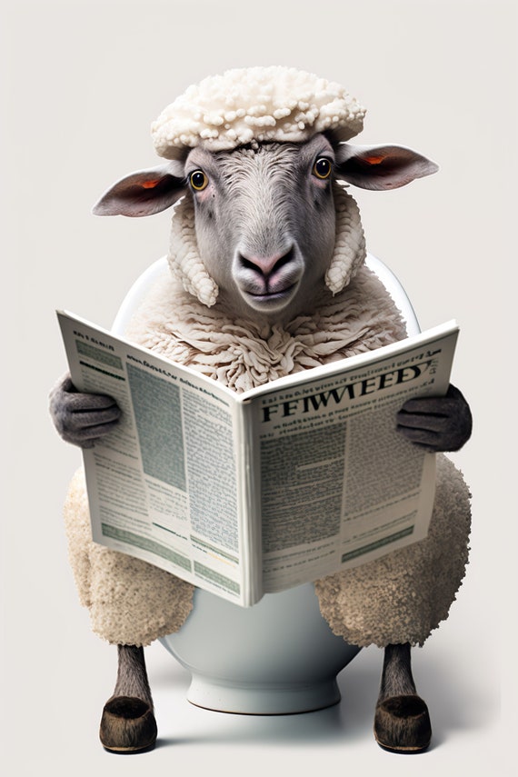 Sheep Sitting on the Toilet Reading Newspaper, Humor Art Print