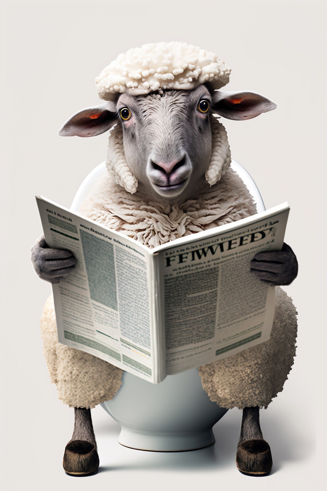 Sheep Sitting on the Toilet Reading Newspaper, Humor Art Print