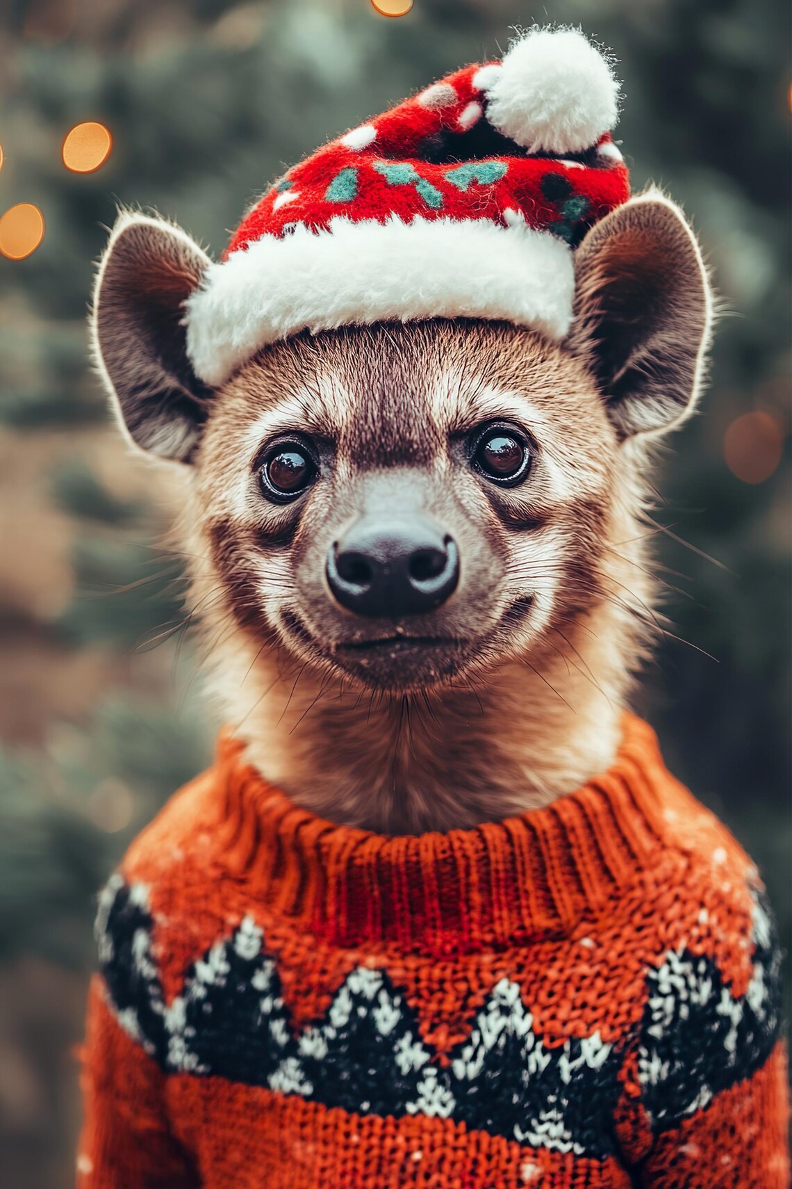 Hyena in Santa Hat and Orange Sweater Cute Christmas Winter Animal Poster - Image 2
