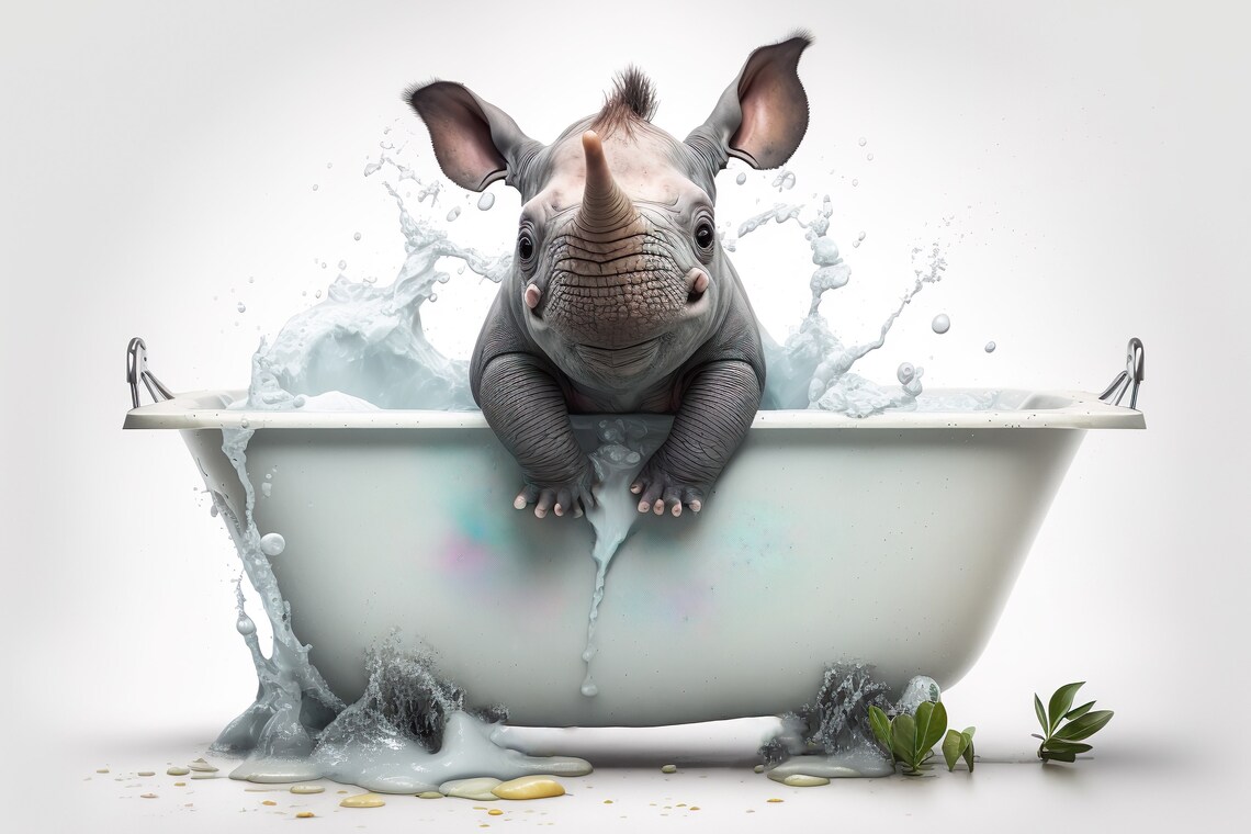 Cute Baby Rhino in the Bathtub Funny Animal Art Print