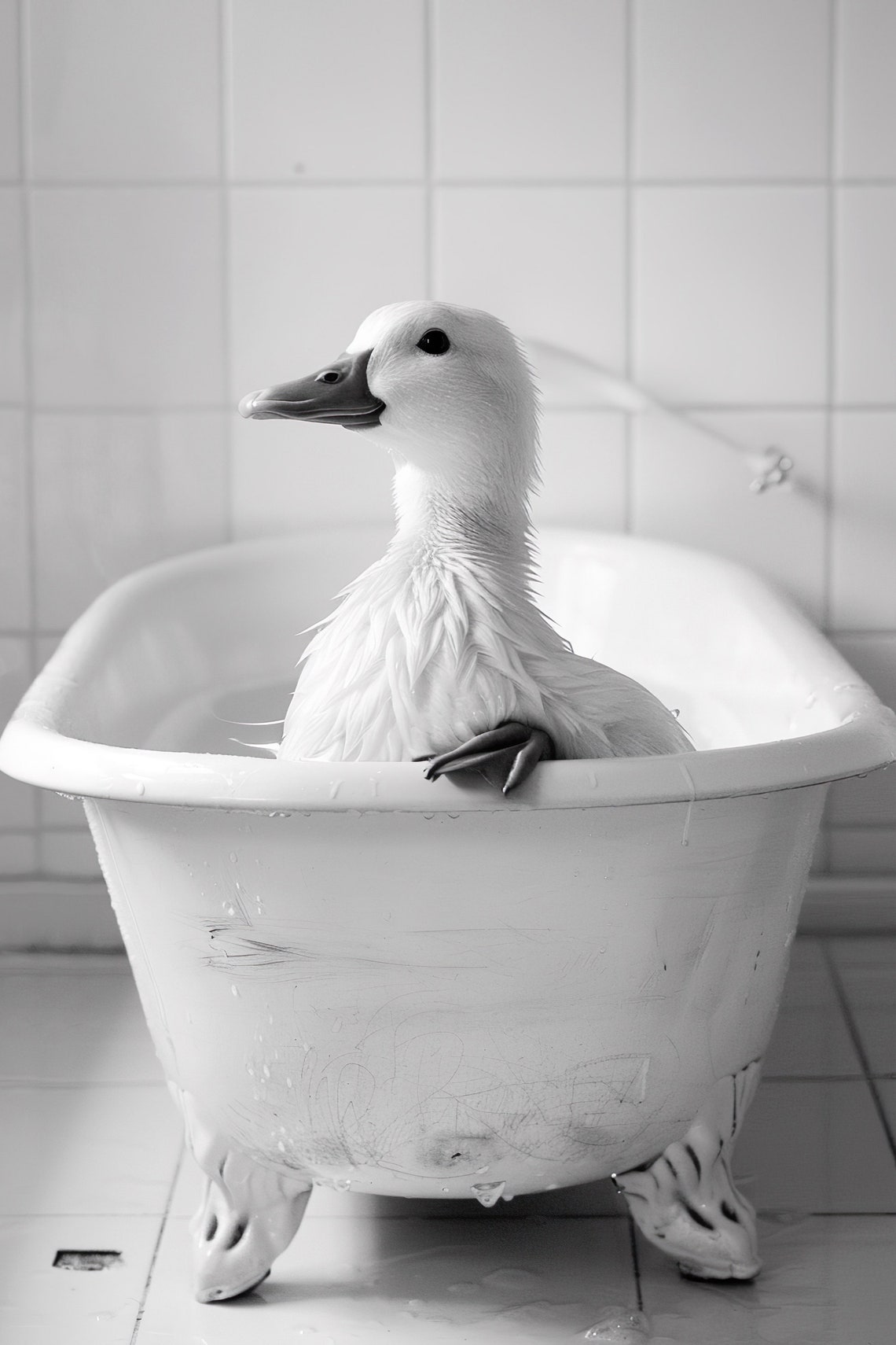 Duck Bubble Bath Funny White Black And White Bathroom Animal Poster