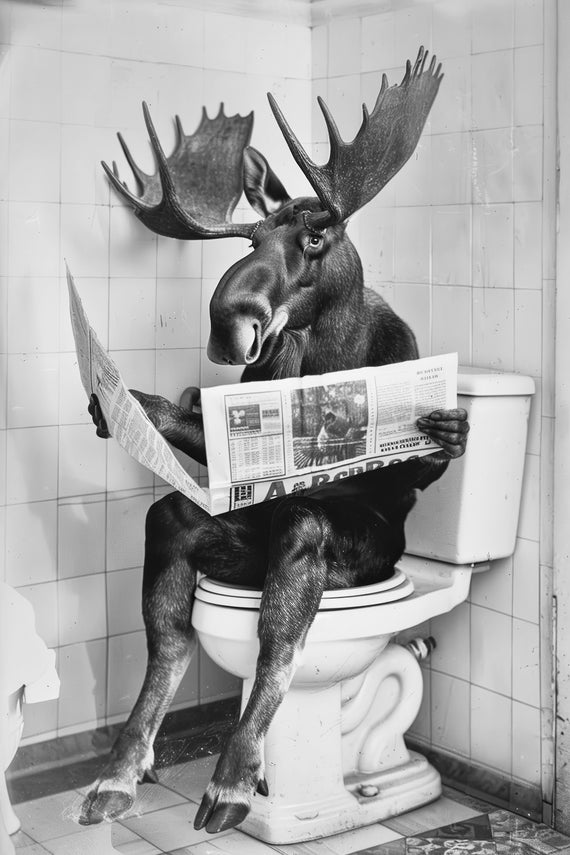 Moose Sitting On The Toilet Reading A Newspaper Funny Bathroom Wall Art Funny Vintage Style Animal Photo Animal Print Ai Art